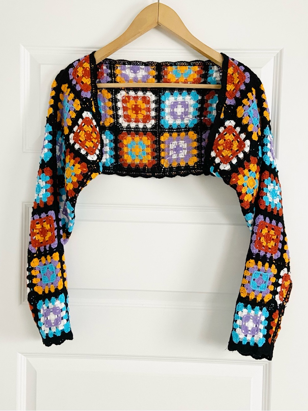 DAZY Multicolor Aqua Orange Granny Square Long Sleeve Crochet Bolero Shrug Y2K